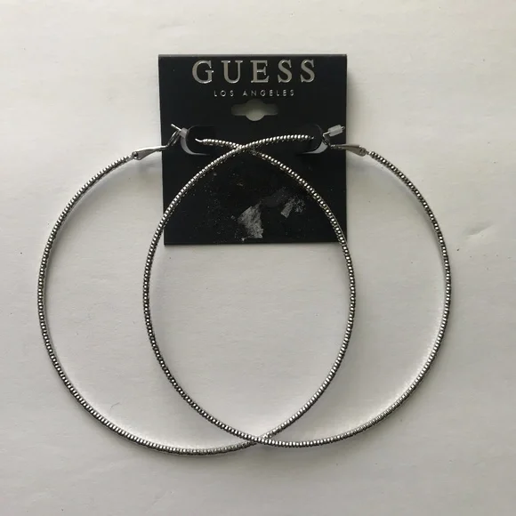 Guess Silver Jeweled Beveled Hoop Earrings. NEW!! - Picture 1 of 2